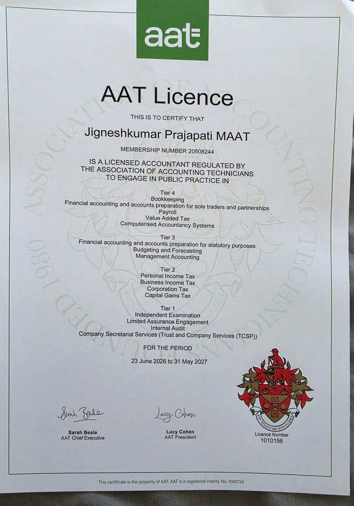 AAT Licence certificate issued to Jigneshkumar Prajapati MAAT, membership number 20508244, licence number 1010156, valid 23 June 2026 to 31 May 2027.